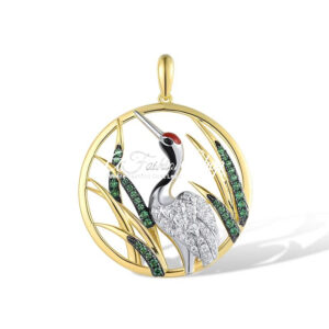 Crane Charm White CZ Round Pendant
