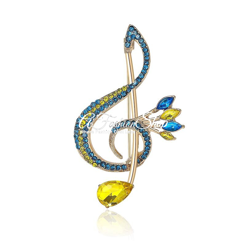Treble Clef Brooch Yellow Blue Crystals
