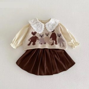 3-Piece Autumn Lace Collar Top Knit Vest Skirt