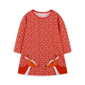 Girls Christmas Moose Long Sleeve Cotton Dress