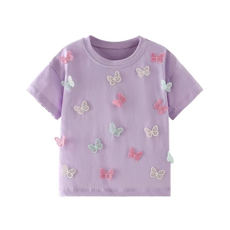 Girls' Purple Short Sleeve Tee - Pastel Lace Butterflies - Image 2