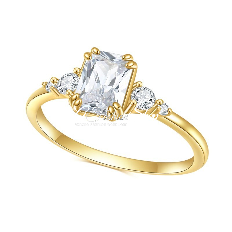 Three Stone Ring Emerald Round Moissanite Ring