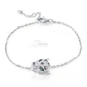 Silver Bracelet Panther Head In Green Spinel Eye