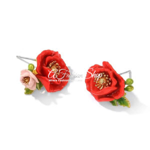 French Red Peony Enamel Mismatched Earrings