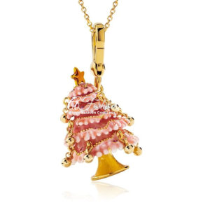 Christmas Pine Tree Pink Charm 18ct Gold Chain