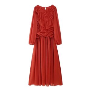 Terracotta Ruched Chiffon Maxi Dress