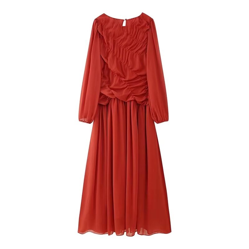 Terracotta Ruched Chiffon Maxi Dress