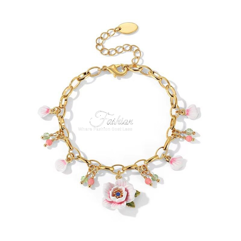 French Rose Bracelet Flower Pink Charms