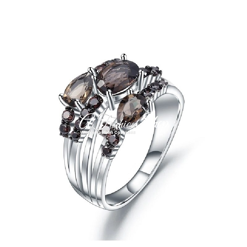 Kaleidoscope Natural Gemstone Silver Ring- Smoky Quartz