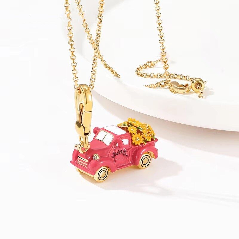 Parisian BloomRide Truck Enamel Charm Necklace