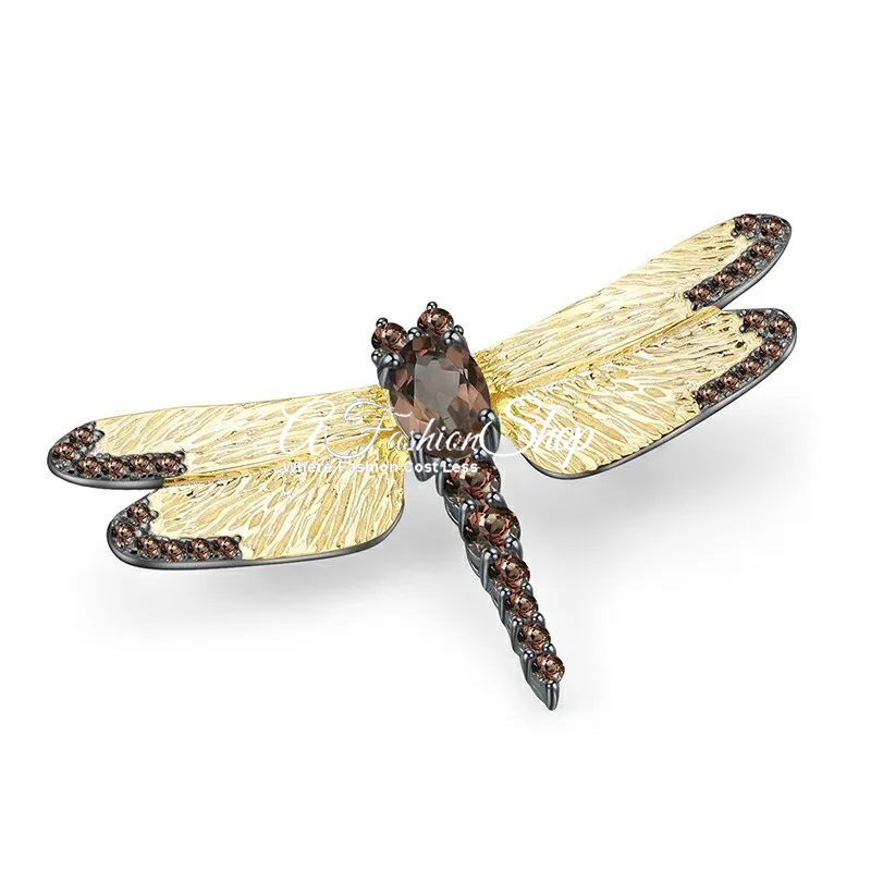 Artisan Dragonfly Gold Brooch Brown Crystal