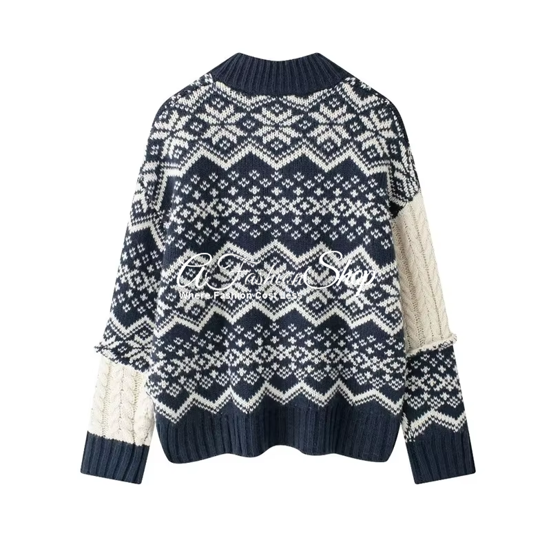 Argyle With Black White Cardigan Sweater - Image 2