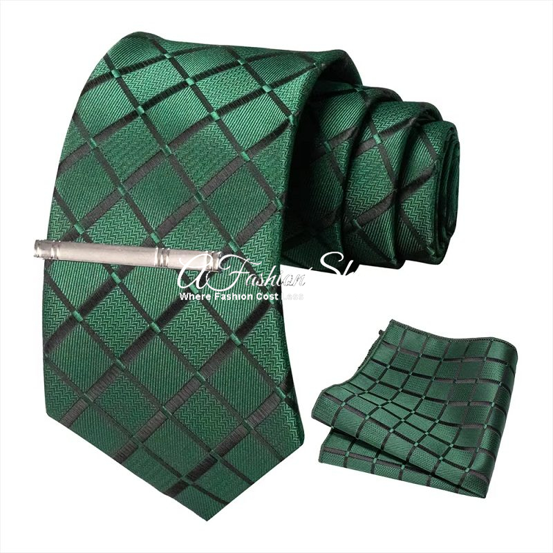 Men Necktie Handkerchief Solid Color Green - Image 12