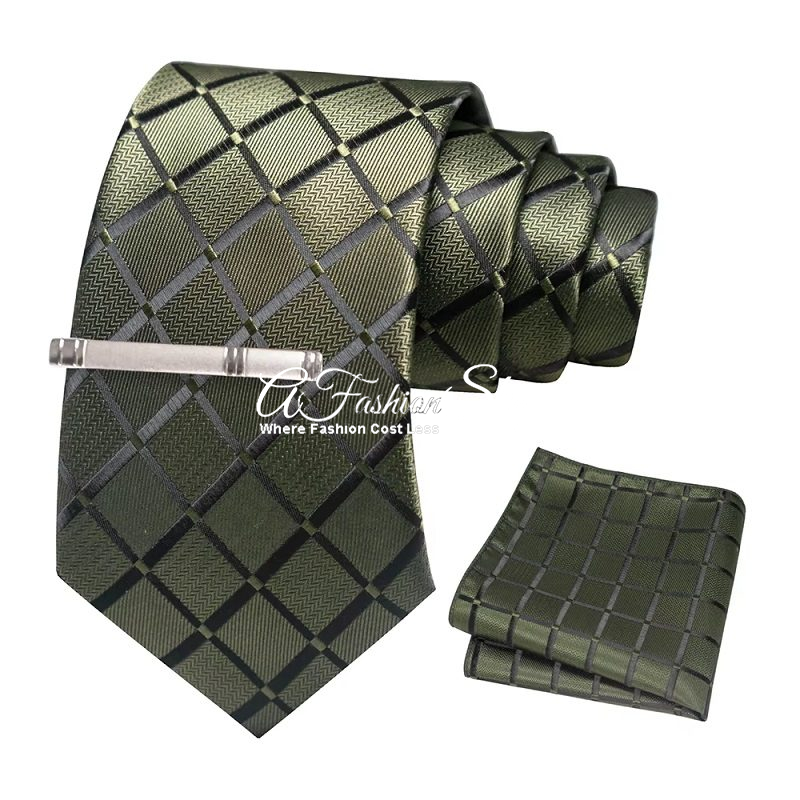 Men Necktie Handkerchief Solid Color Green - Image 11