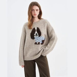 Cozy Pup Intarsia Knit Sweater Gray