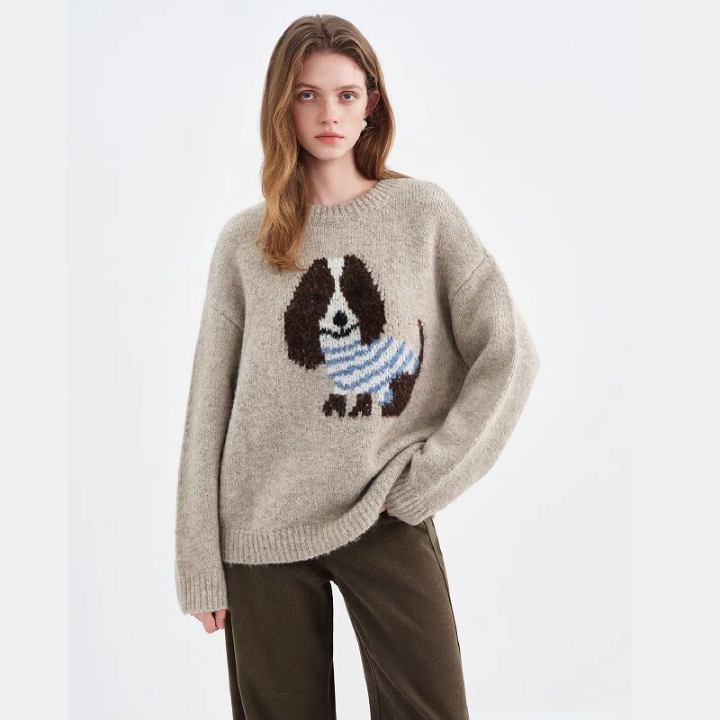 Cozy Pup Intarsia Knit Sweater Gray