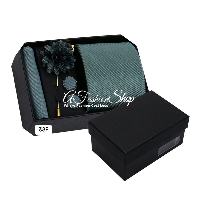 Men Necktie Handkerchief Solid Color Green - Image 3