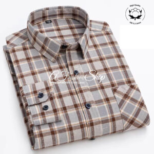 Brown Plaid Cotton Flannel Button-Down Dress Shirt