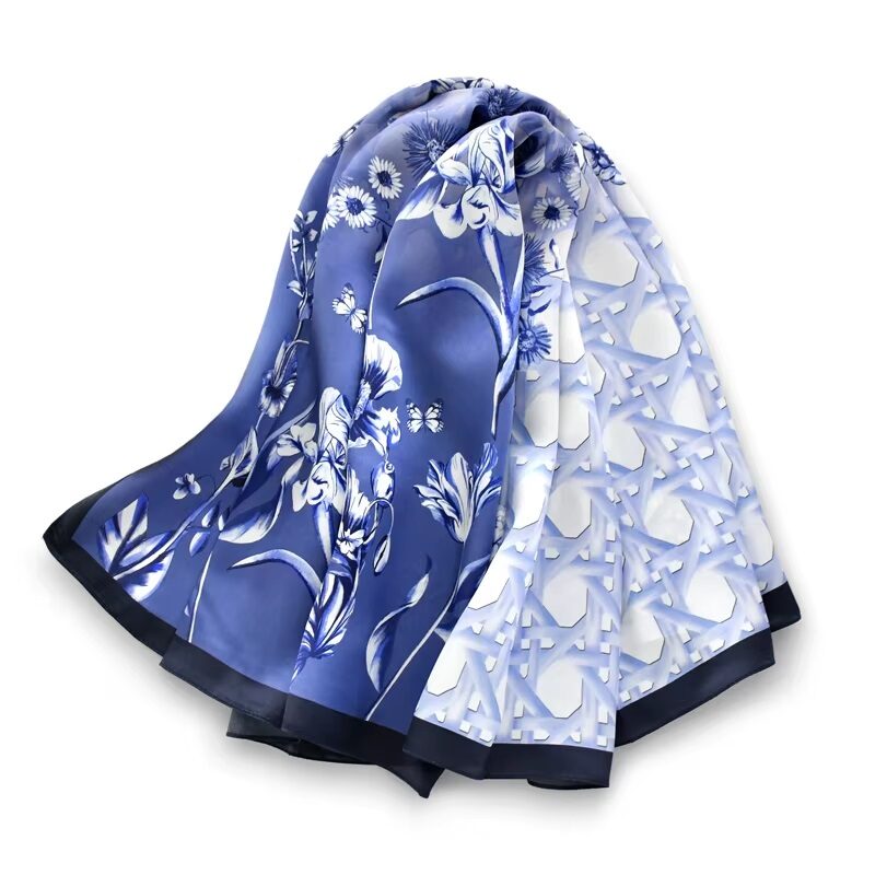 Serene Flora Silk Satin Scarf Blue Botanical - Image 2