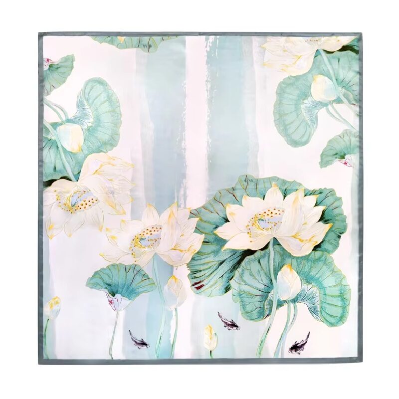 Serene Lotus Koi Silk Satin Scarf Green Pastel