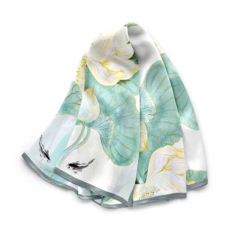 Serene Lotus Koi Silk Satin Scarf Green Pastel - Image 2