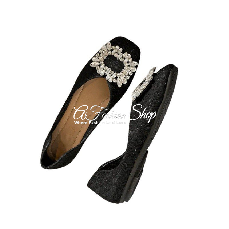 Women Mary Jane Flat Crystal Black