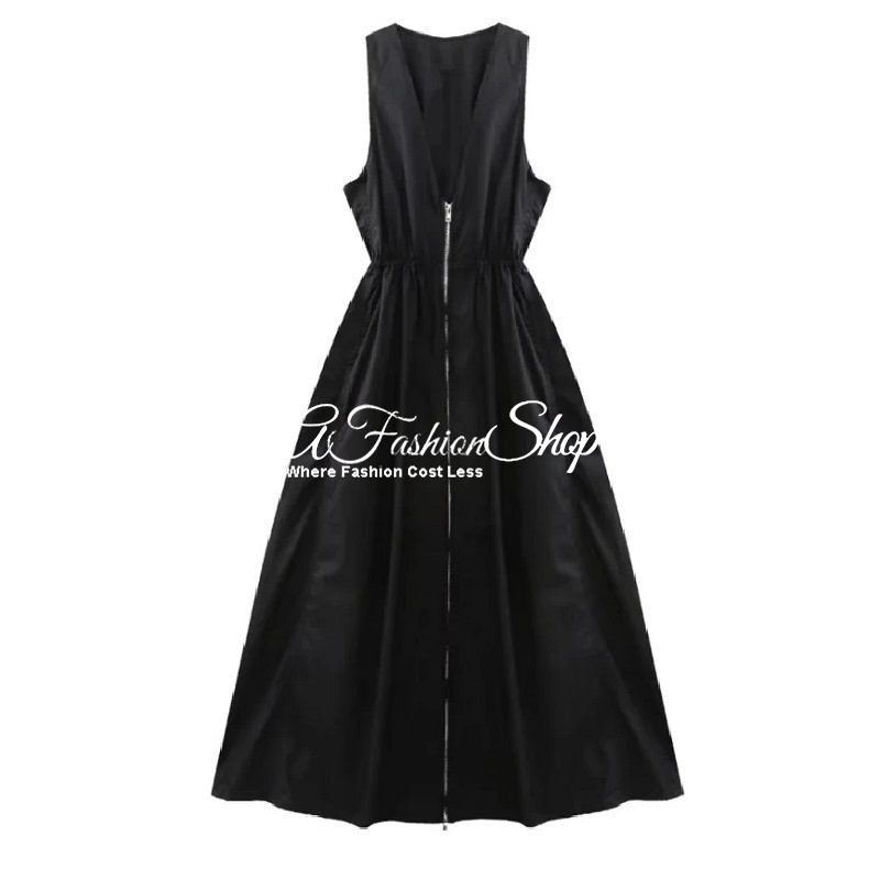 Zip Front Black Midi Dress - Image 2