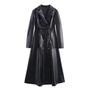 PEOPLE Long Faux Leather Trench Coat Color Black