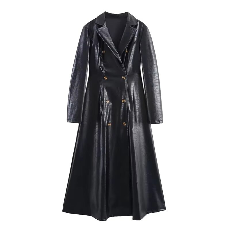 PEOPLE Long Faux Leather Trench Coat Color Black