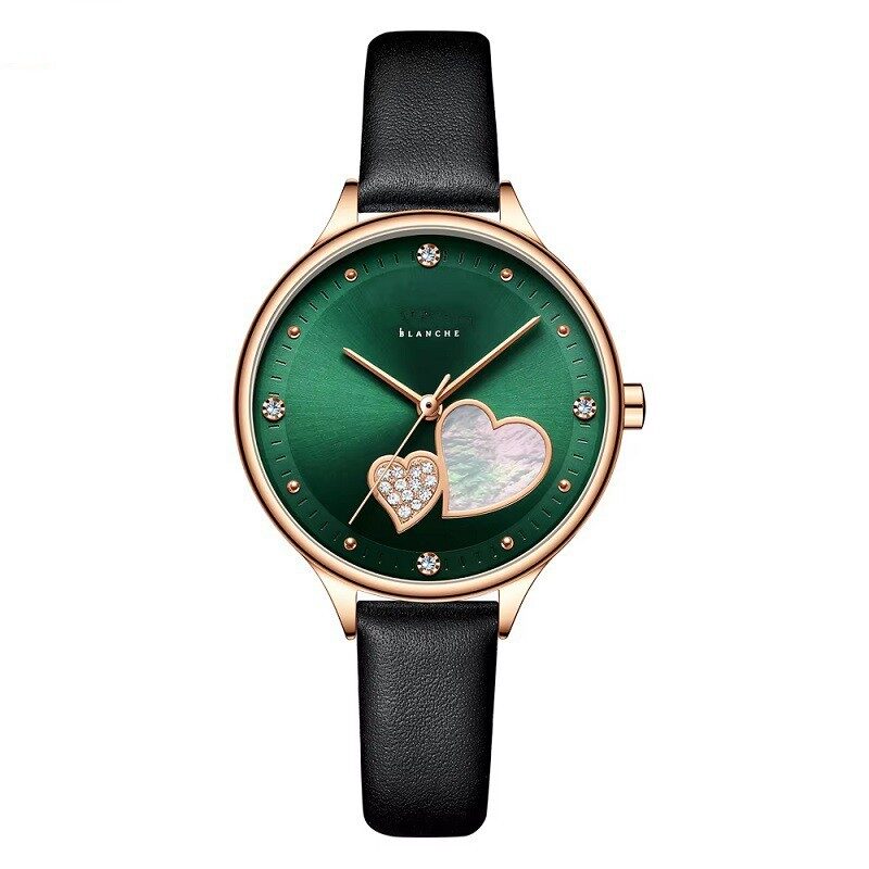 Newness Leather Quartz Wristwatch Heart-Dial Emerald Green