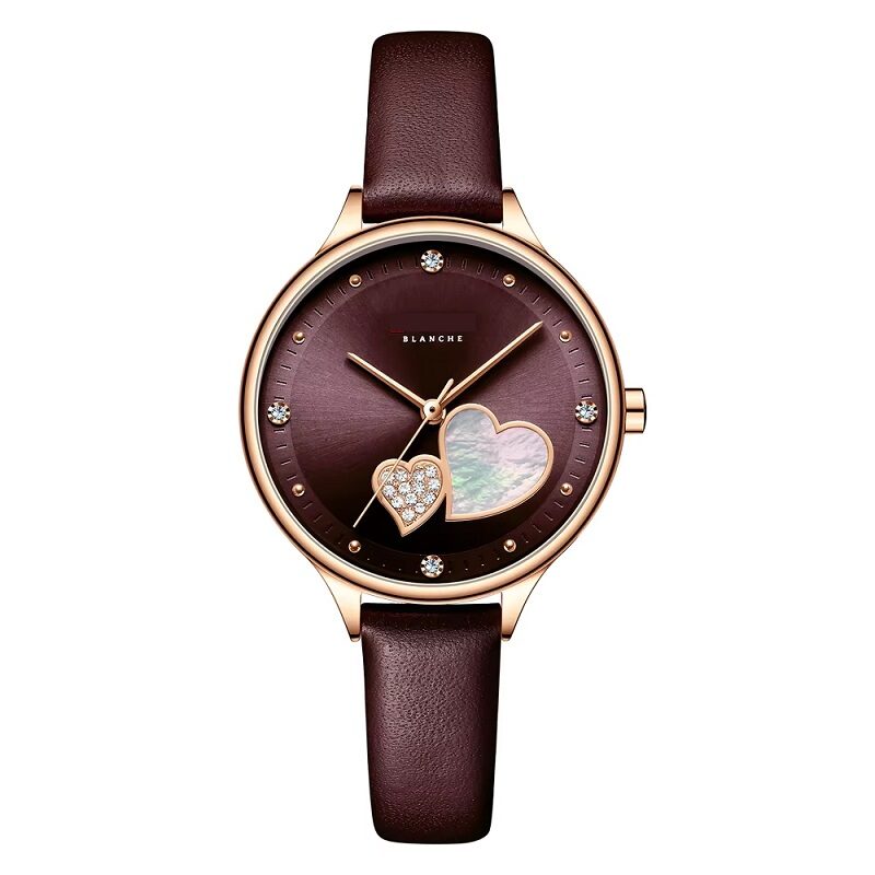 Newness Leather Quartz Wristwatch Heart-Dial Rich Brown
