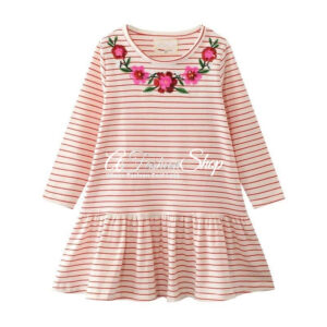 Girl Stripe Embroidered Flower Cotton Mini Dress