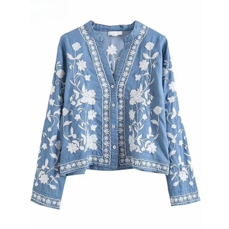 Blue Embroidery Long Sleeve Cropped Top