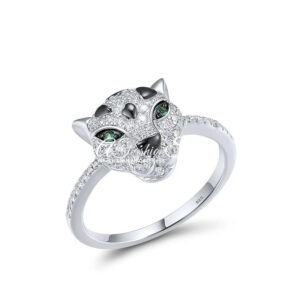 Silver Ring Panther Head In Green Spinel Eye